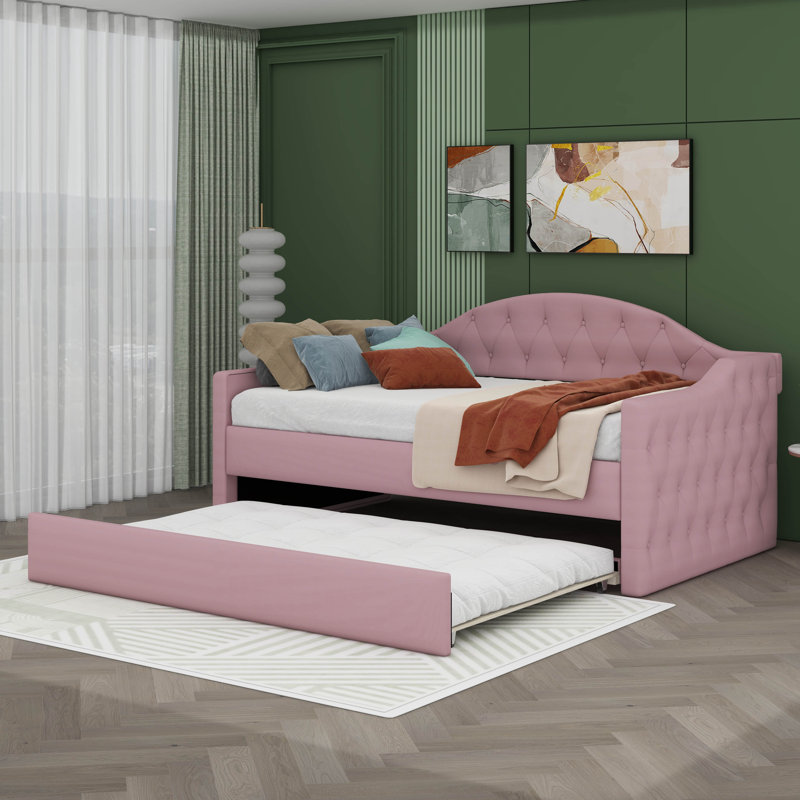 Harlowe Twin Size Tufted Velvet Upholstered Daybed With Trundle, USB & Type-C Charging Port, Pink