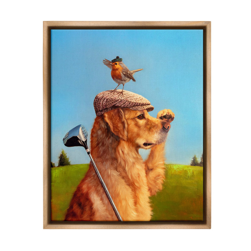 «Bird and Dog Golfing» par Lucia Heffernan sur, Cadre flottant orme Montalcino, H 31 po x l 25 po