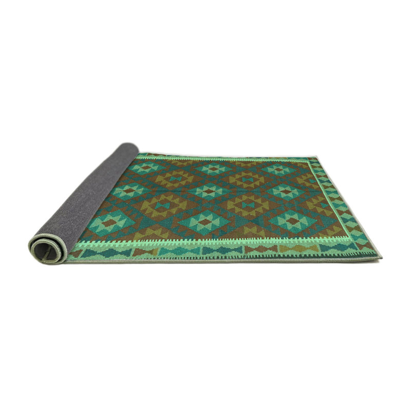 Tapis rond vert / brun / bleu en laine et en polyester tissé à la machine 8 pi Southwestern