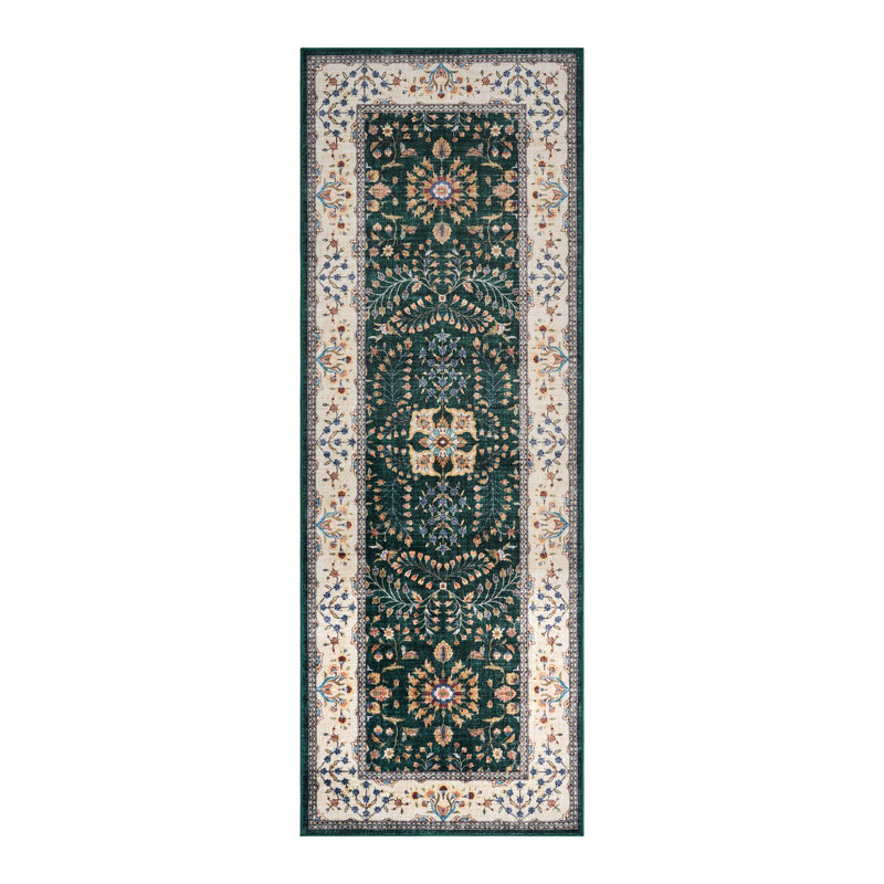  Everyday Chic Machine Washable Indoor Rug, Printed Soft Flannel Polyester with Non-Slip Backing,  Seda Green 2x6, Green