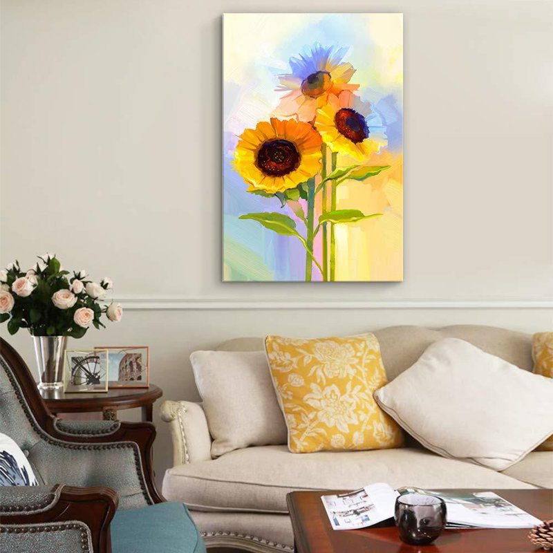 Tournesol jaune vif tournesol - aquarelle lumineuse florale grand art mural, Toile tendue, H 24 po x l 16 po