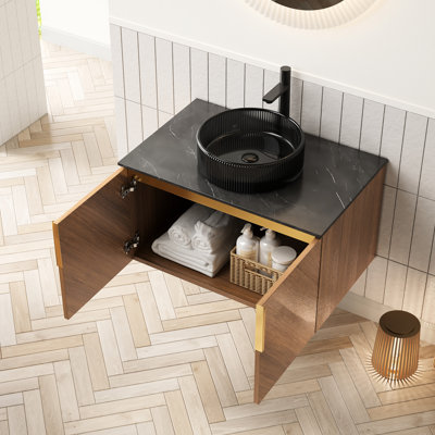 Armoire de salle de bain 30 po, bassin rayé artistique, plateau en pierre frittée noire - contreplaqué