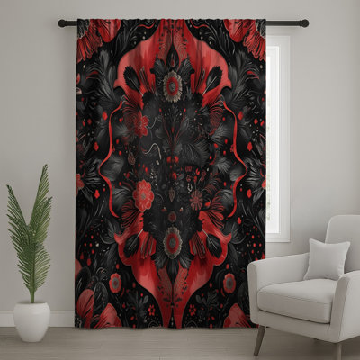 Red Black Floral Motif Window Curtains, Floral Sheer & Blockout Curtains - 1 Panel