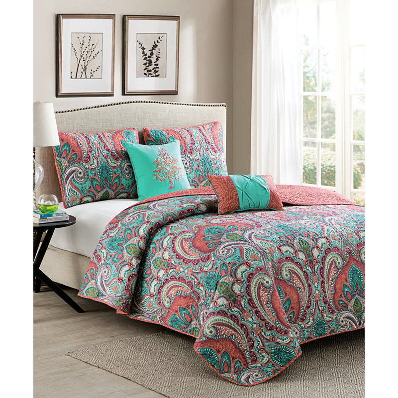 Casablanca Bohemian Standard Damask Quilt, King Quilt + 2 King Shams + 2 Throw Pillows, Coral Turquoise Green Pink