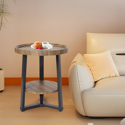 Table d'appoint ronde à 2 niveaux, structure moderne en bois et métal avec tablette de rangement pour le salon, la chambre à coucher et les petits espaces