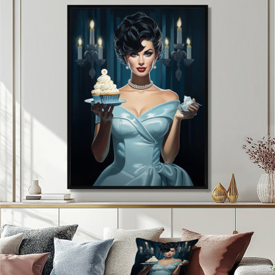 Élégante dame avec une robe bleue et des petits gâteaux - femme, art mural