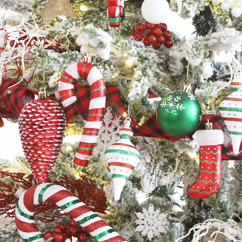 Ensemble de 35 ornements de boule de Noël incassables assortis, babioles, cannes de bonbon, bas, pommes de pin, couronnes, pendentifs, gouttes de faîteau, décorations d'arbre de Noël, elf