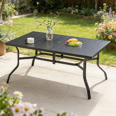 Outdoor Dining Table For 6, Powder-Coated Steel Slat Top With 2.16" Umbrella Hole, Anti-Slip Pads, E-Coating Frame, All-Weather Black Patio Table For Garden, Poolside, Backyard
