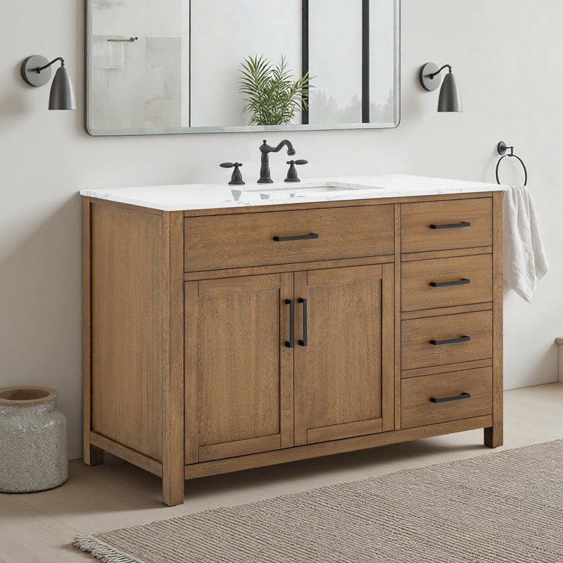 Meuble-lavabo simple 42 po avec plateau en marbre d'ingénierie Shamar, Mangue et braise 