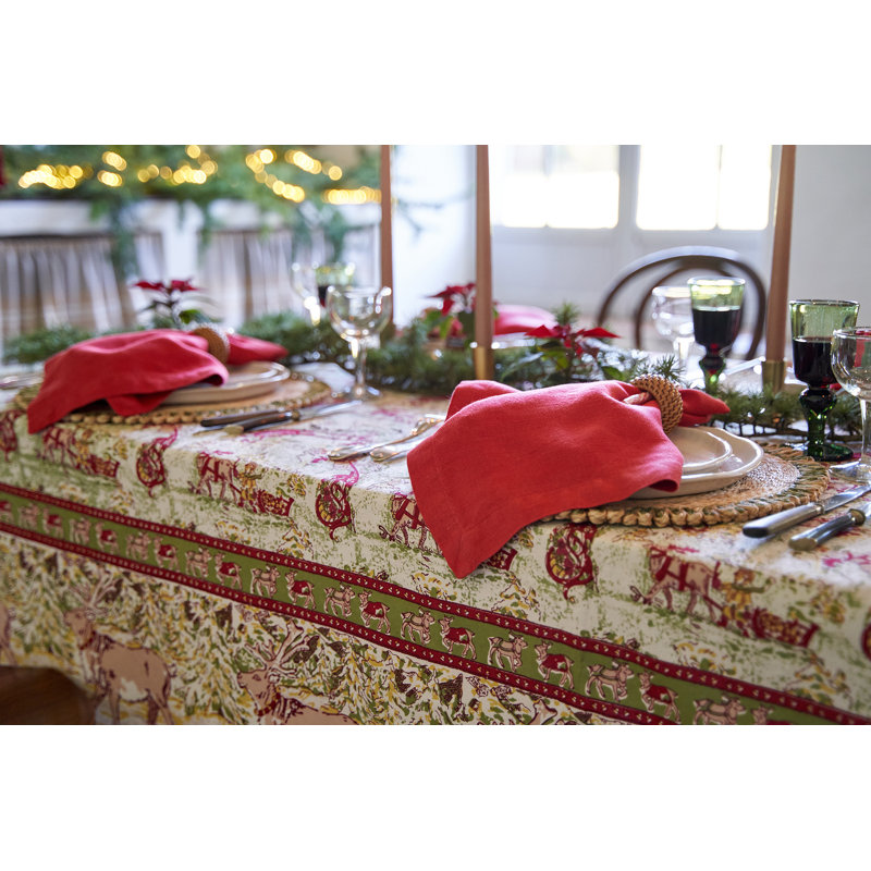 Renne Handmade Floral Tablecloth, 142" x 71", Green/Red
