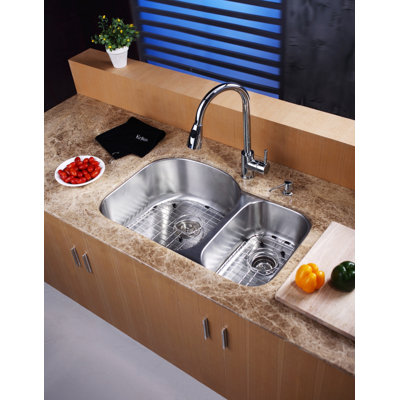 32" Undermount 70/30 Double Bowl Kitchen Sink with 17.5"  Faucet and Soap Dispenser