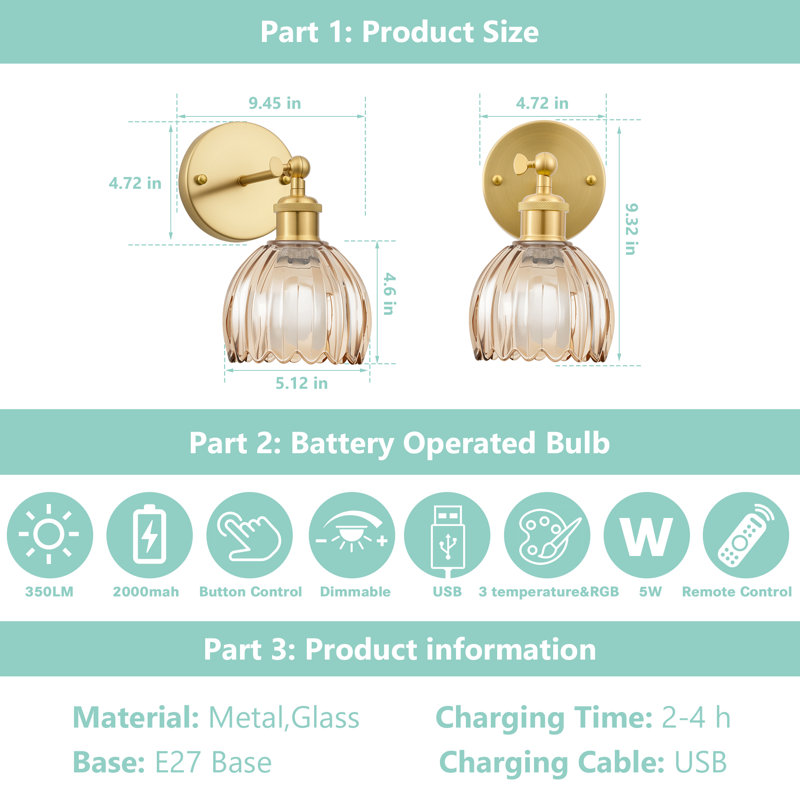 Vintage LED Wall Sconce With Remote - Wireless Rechargeable Wall Light With Tulip Glass Lampshade, 12 RGB Colors & Dimmable Function (Bulb Included) For Bedroom, Living Room & Hallway.