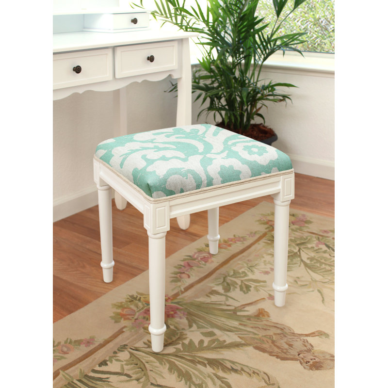 Solid Wood Accent Stool, White/Aqua
