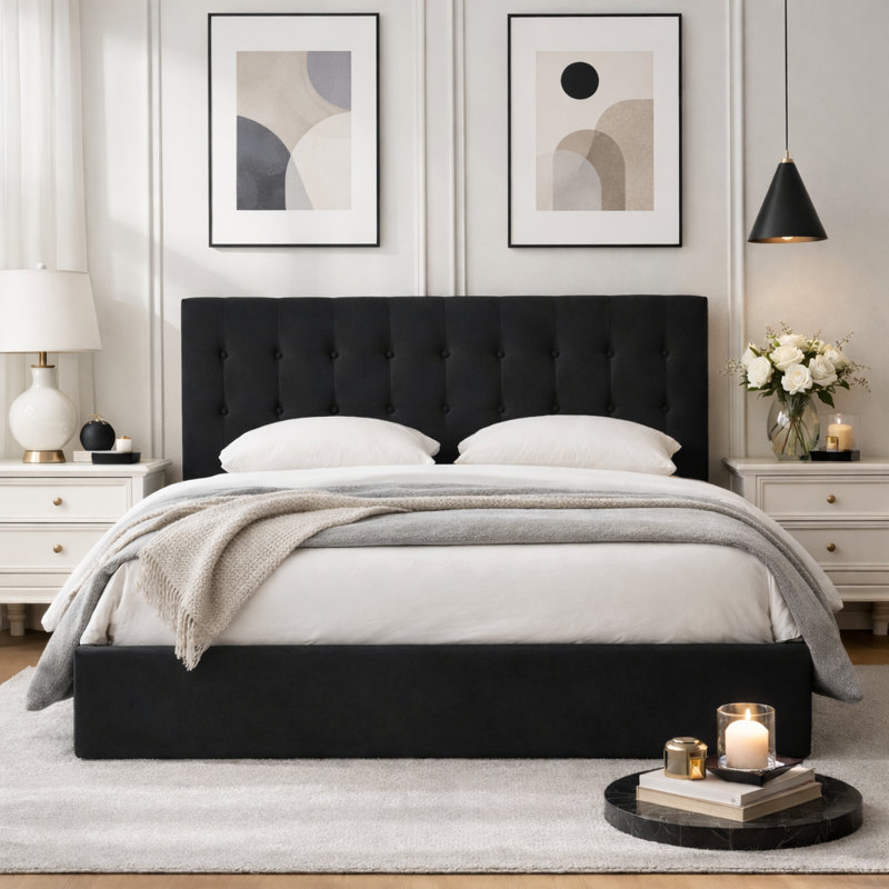 Arcadia Hydraulic Lift Up Storage Upholstered Platform Bed, Black, Queen
