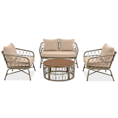 Bohemia-Inspired 4-Person Outdoor Seating Group With Removable Cushions, Conversation Patio Set With Wood Tabletop, Beige