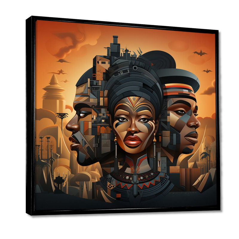 Vision africaine du passé, présent, futur - art mural africain, salon, Cadre flottant noir, H 16 po x l 16 po x P 1 po