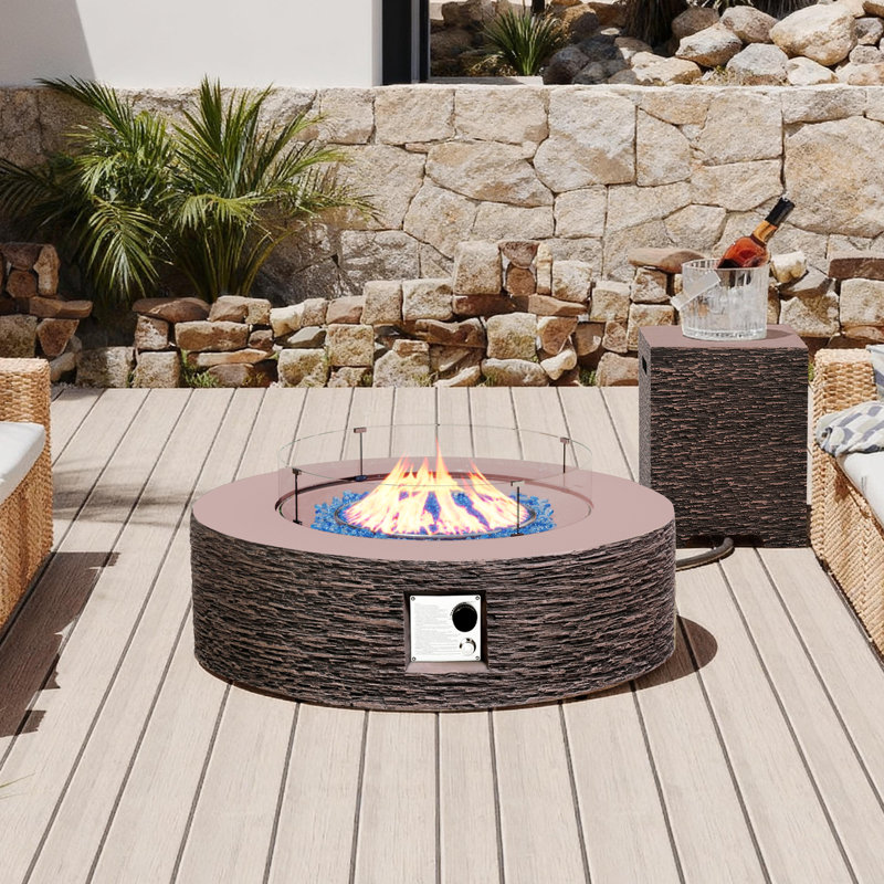 42-Inch Round Concrete Propane Fire Pit Table with Tank Cover and Wind Guard,Brown, Brown