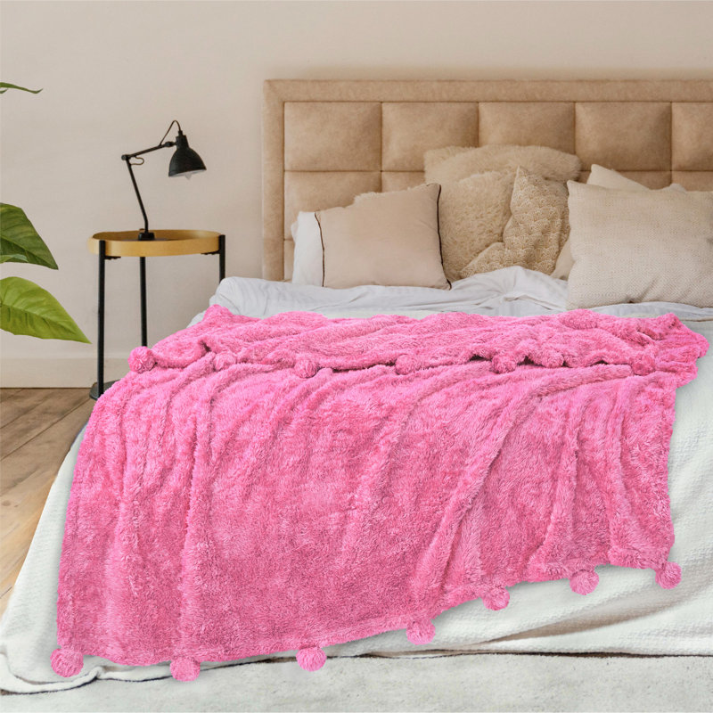 Hot Pink Twin Sherpa Fleece Blanket with Pom Poms