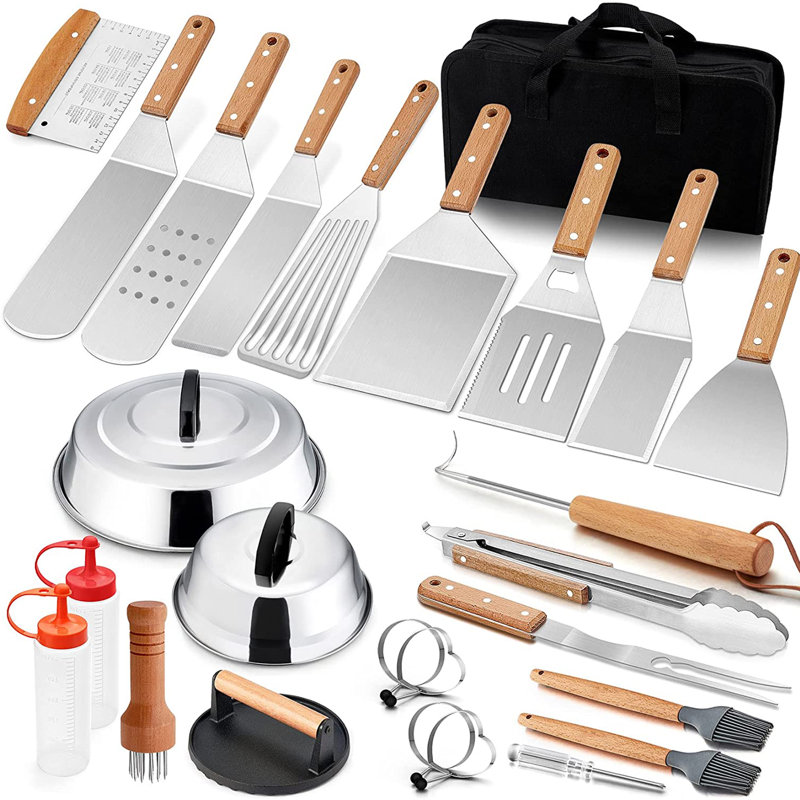 Dishwasher Safe Grilling Tool Set, Silver/Brown