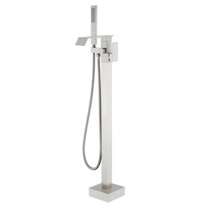Freestanding Tub Filler Floor Mount Bathtub Faucet With Handheld Shower, Brushed Nickel