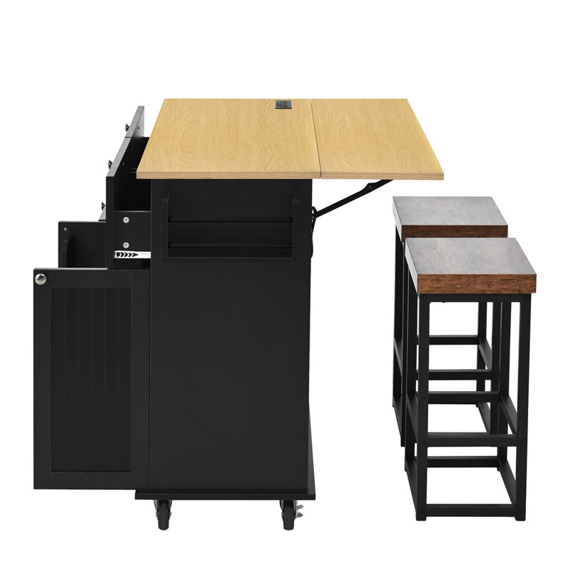 Farmhouse Kitchen Island with Drop Leaf and 2 Seatings, Black