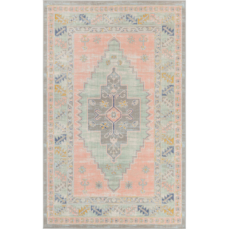 Tapis traditionnel Matthei pêche / vert / bleu, Rectangle de 5 pi x 8 pi