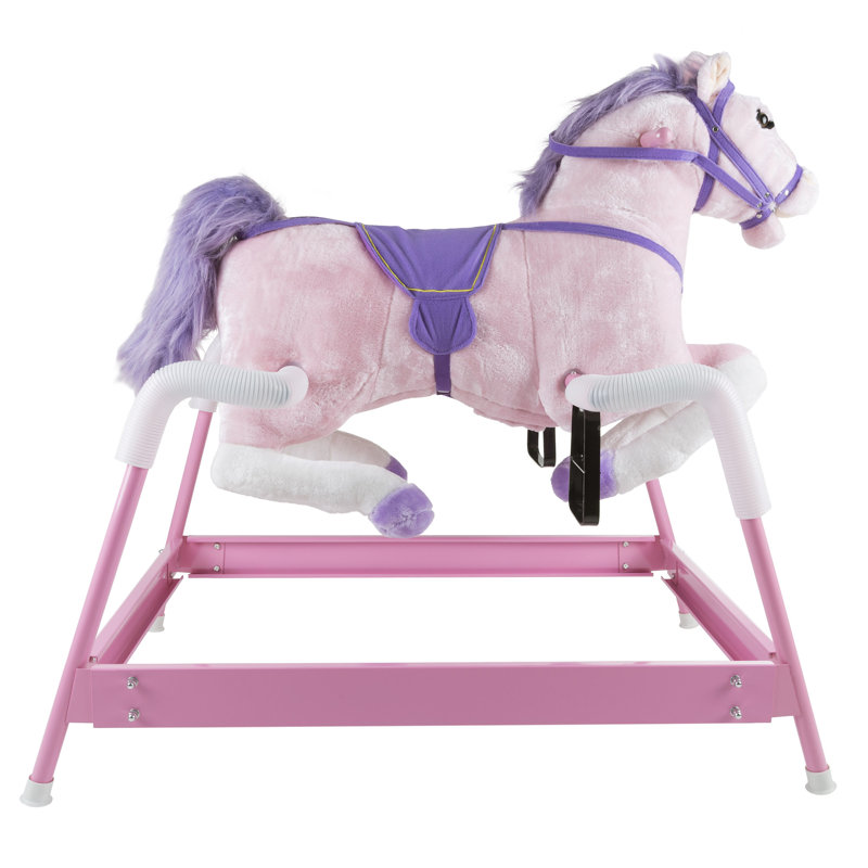 Cheval à bascule Spring - jouet gonflable en peluche avec sons amusants, poignées en bois et étriers réglables pour enfants de 3 à 6 ans par Happy Trails (rose)