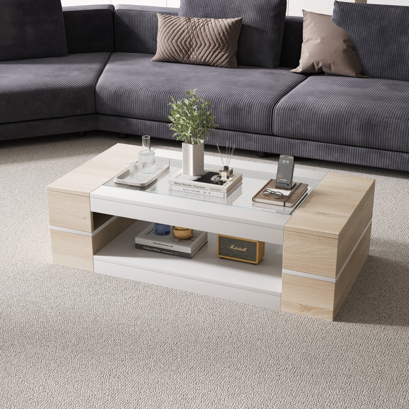 Emilly High Glass Coffee Table Business Modern Style with Storage, Natural/White