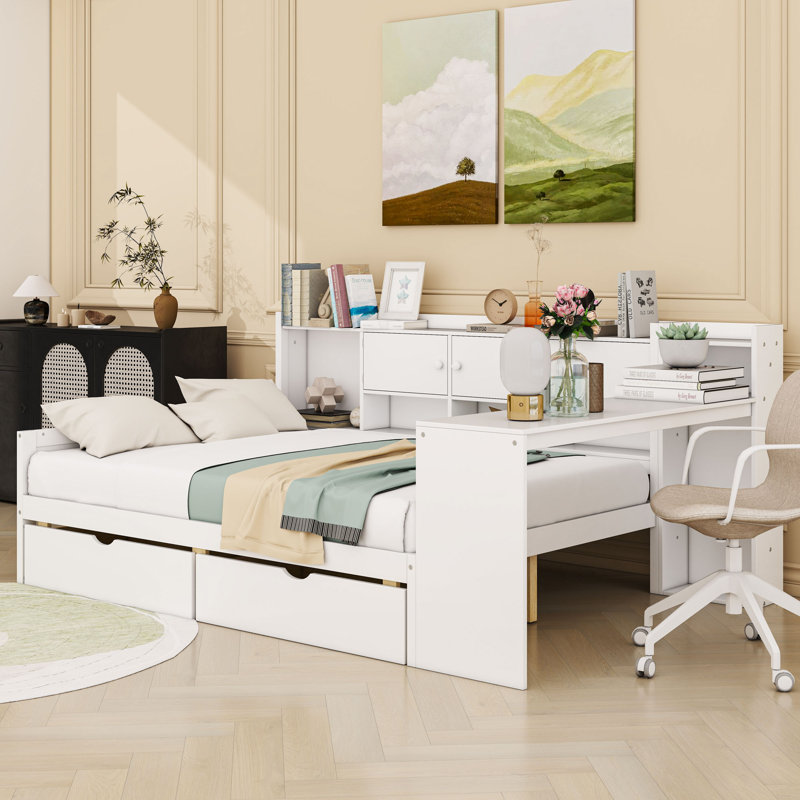 L-Shape Daybed with Ample Storage and Study Desk, White, Full