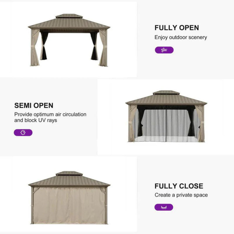 Mauve 12 pi x 14 pi, pavillon de jardin à toit rigide champagne avec toit en métal et rideaux avec lumière