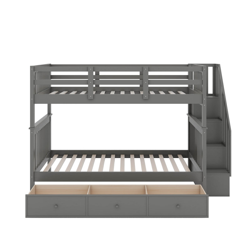 Lit superposé double avec tiroirs, escalier de rangement et garde-corps, convertible en 2 lits séparés, Gris
