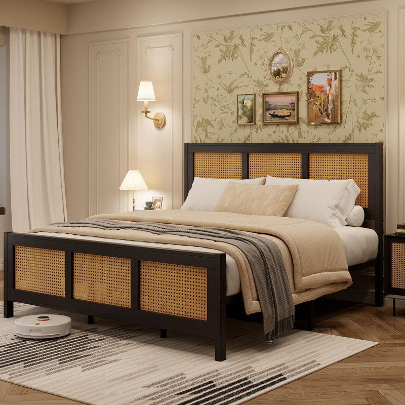 Rattan Bed Frame With Headboard, Black, Queen
