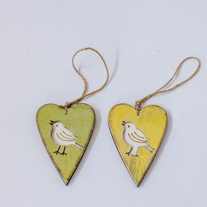 Set Of 2 Assorted Green And Yellow Heart Shape With Bird Design Ornaments