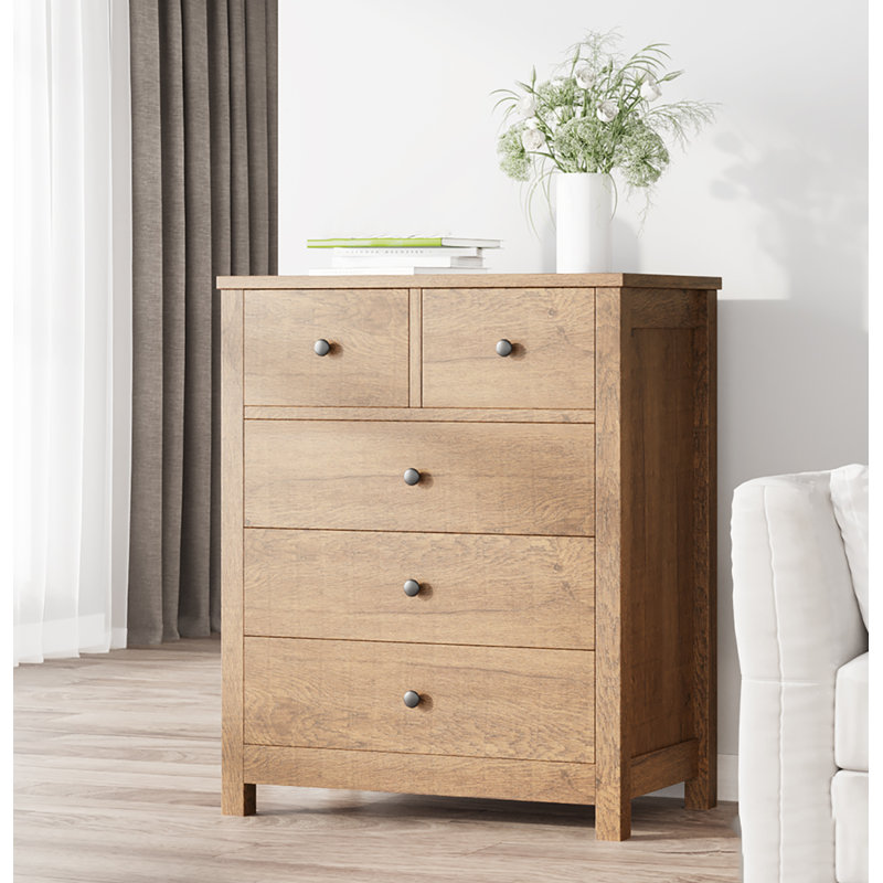 Petite commode robuste à 5 tiroirs avec poignée ronde, Brun pâle