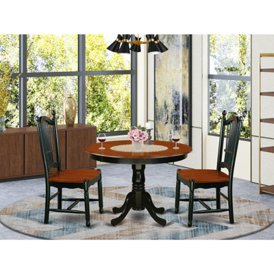 3 Piece Kitchen Table Set for Small Spaces Contains a Round Dining Room Table with Pedestal and 2 Solid Wood Seat Chairs, Black & Cherry