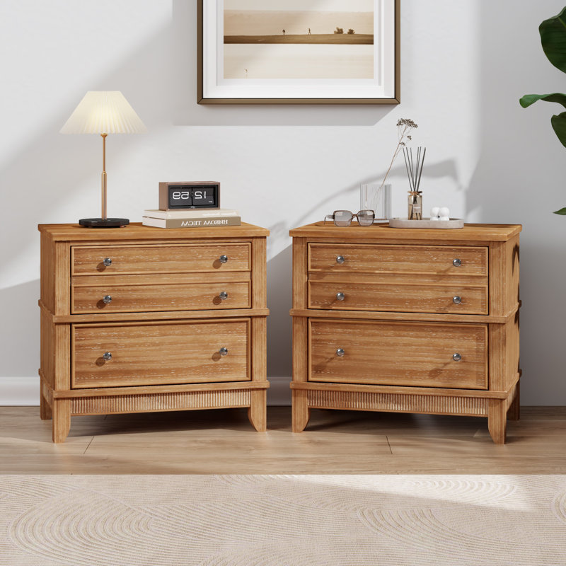 Hazel Set of 2 Rustic 3-Drawer Side Tables for Living Room, Hallway or Entryway with Hidden Storage