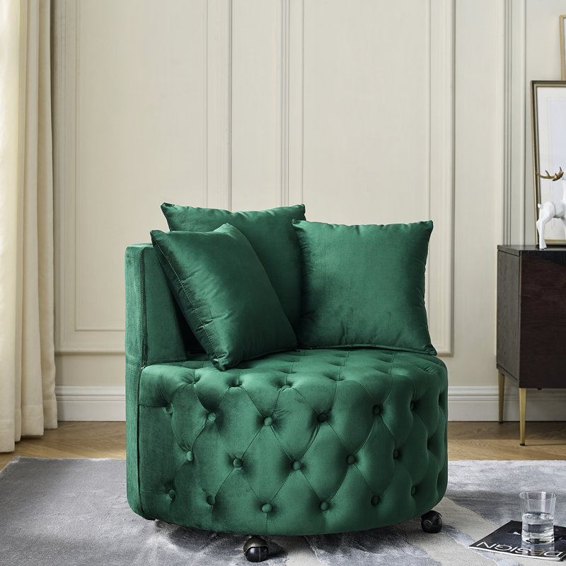 Fauteuil pivotant en velours confortable, conception à boutons, roues mobiles, idéal pour le salon, 3 coussins, crée une atmosphère
