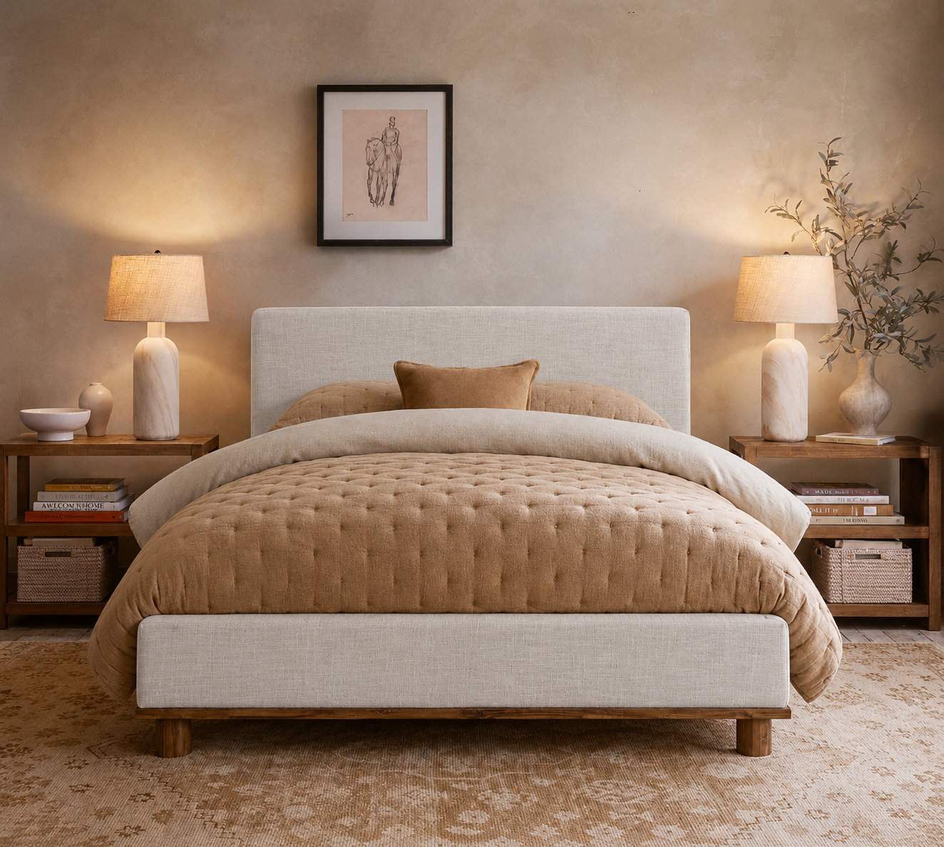 Linen Upholstered Platform Bed, King, White Linen