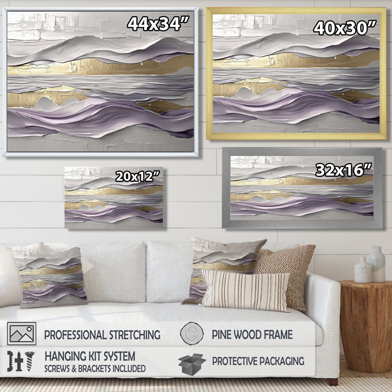 Lavande et pierres, horizon transitionnel III - art mural transitionnel, H 12 po x l 20 po, Cadre flottant, Brun