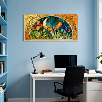 Mode, tulipes, lune et étoiles, cadre artistique