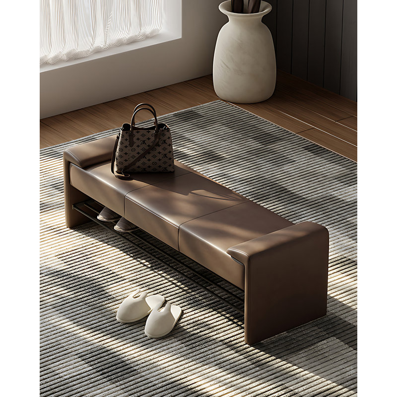 Banc de rangement rembourré italien pour chaussures en cuir massif, Brun