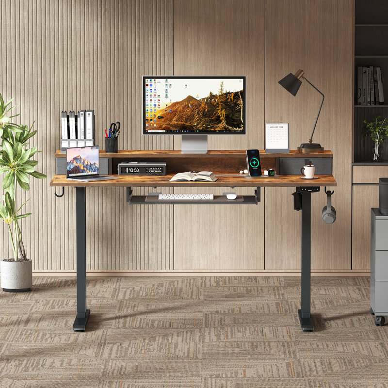 55" Electric Standing Desk With 2 Drawers And Keyboard Tray, Height Adjustable Desk for Home Office , 45.7" H x 55" W x 24" D