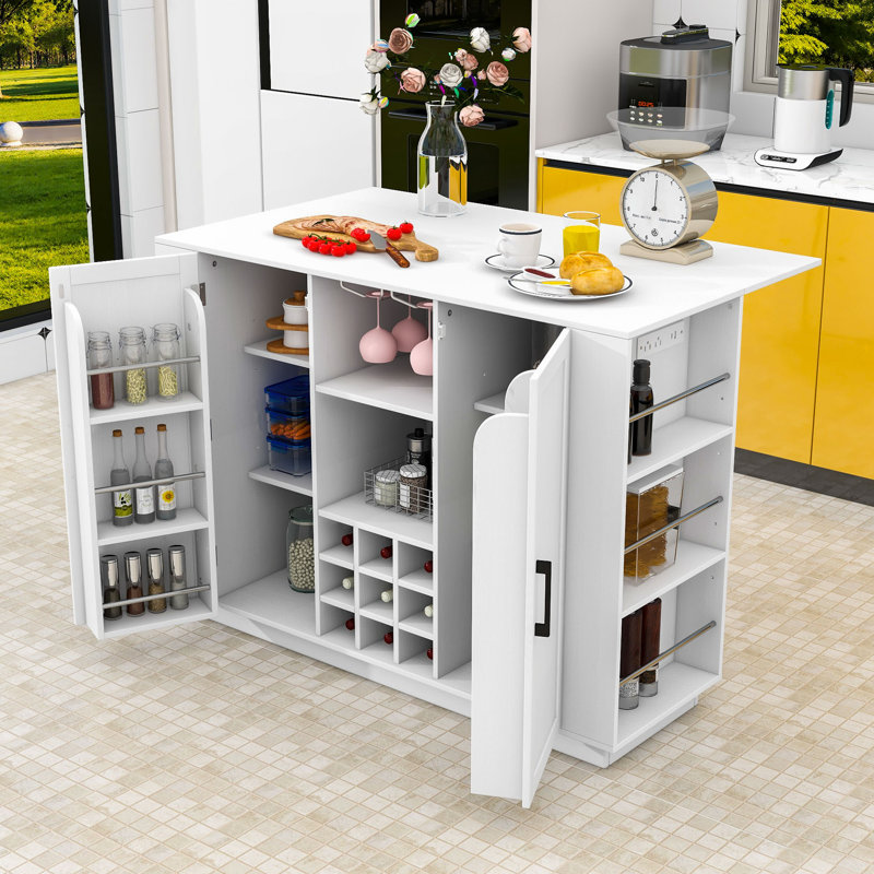 Kitchen Island with Foldable Top, Power Outlet and Wine Rack, White