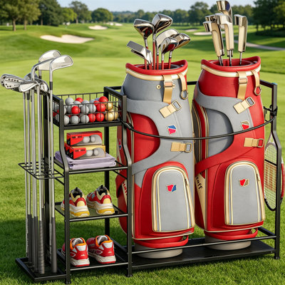 Golf Organizer Rack For 2 Bags, Metal & Wood Construction, 39.87"L X 11.81"W X 31.89"H, Side Club Holder, M For Garage Golf Storage