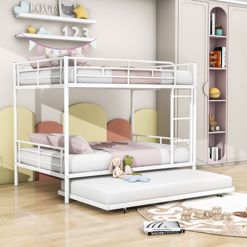 Full Over Full Metal Bunk Bed With Twin Size Trundle, White