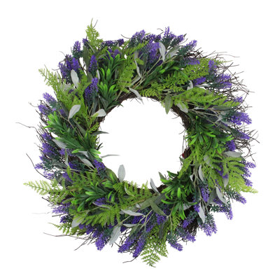 Lavender and Spring Foliage Artificial Floral Wreath Purple - 24-Inch