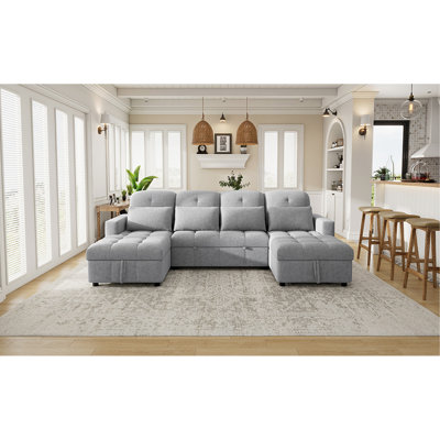 Comfy en forme de U avec rangement pour méridienne, hublots et tissu chenille délicat, méridienne convertible grise, connexions, style tendance,