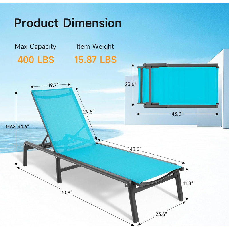 Outdoor chaise longue, foldable, assembly-free, with 5-position adjustable backrest, Lake Blue