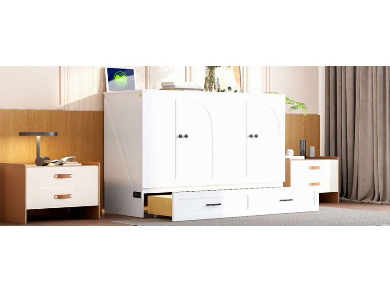 Lit escamotable avec grands tiroirs Murphy, Lit double, Blanc