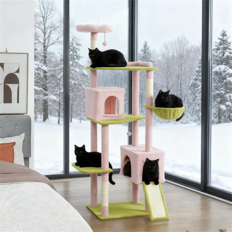 Grande tour à chat avec poteau à griffes et tableau à motif floral de 74 pouces pour plusieurs chats, molleton doux, base stable